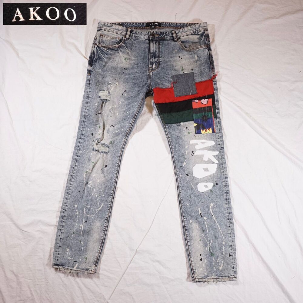 AKOO Treble Patchwork Blue Denim Jeans Paint Splatter Y2K 38x30